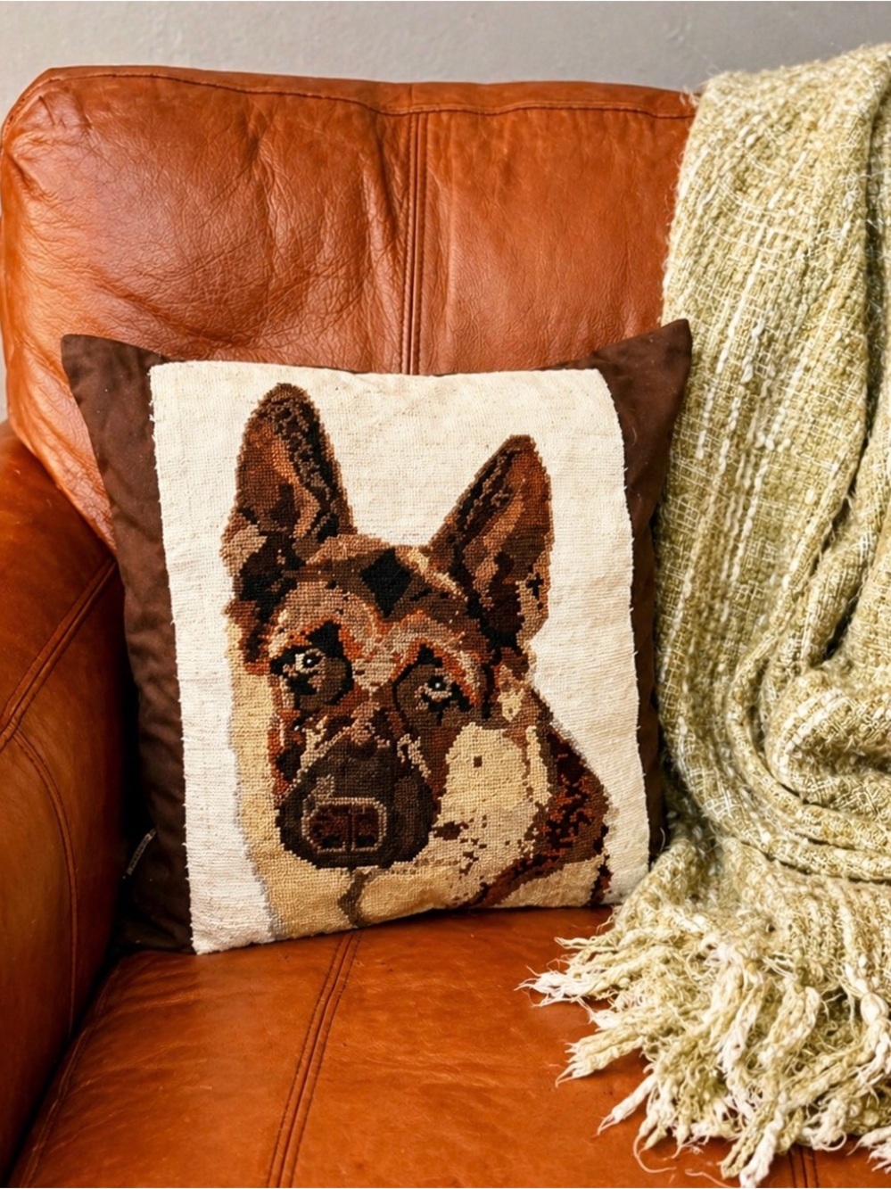 Vintage- Style Decorative Brown German Shepherd Needlepoint Throw Pillow